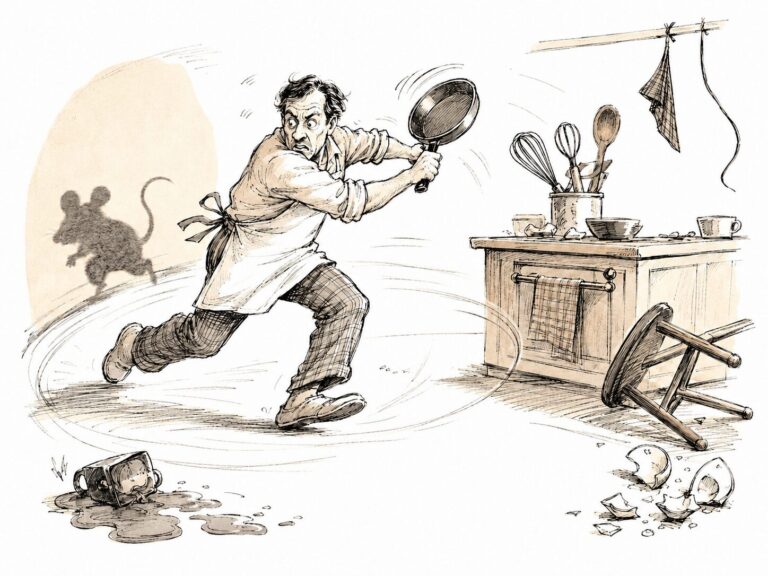 Editorial illustration of a person chasing a mouse through a damaged kitchen, representing the risks of excessive diagnostic testing.