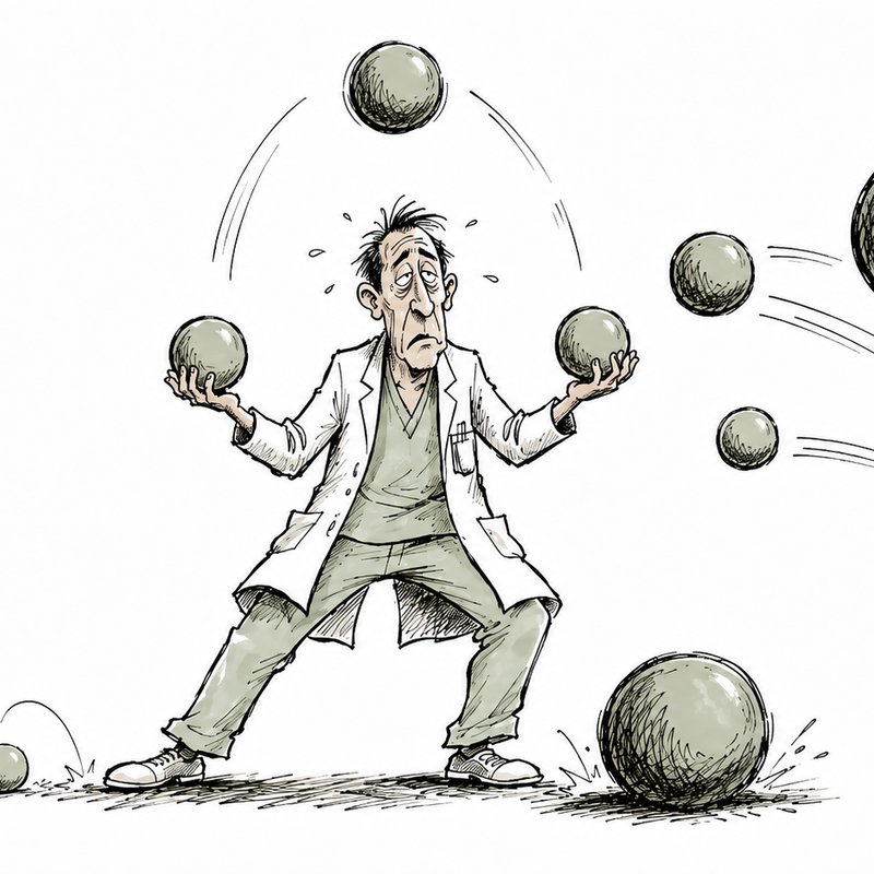 Exhausted physician juggling too many tasks