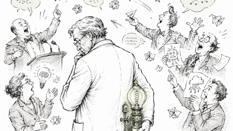 A thoughtful figure turns from a crowd of loudly gesturing experts, quietly holding an invention behind his back