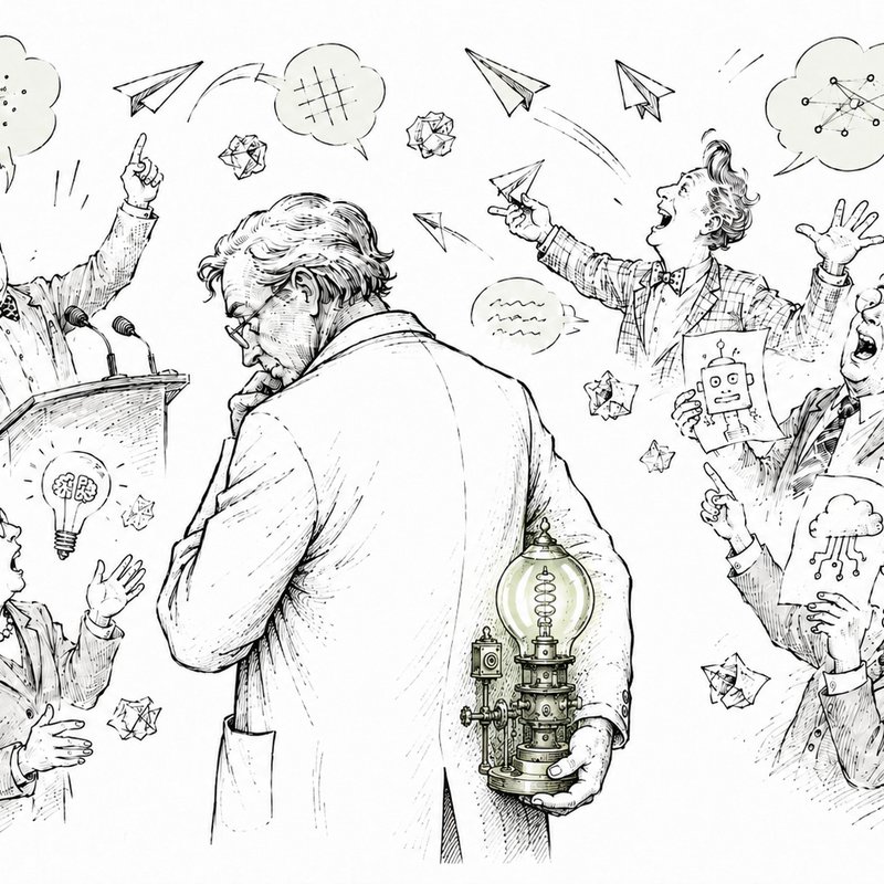 A thoughtful figure turning from a crowd of loud experts