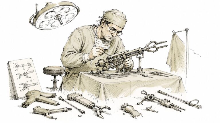 Surgeon assembling a custom surgical instrument at the operating table, like a craftsman building his own tools