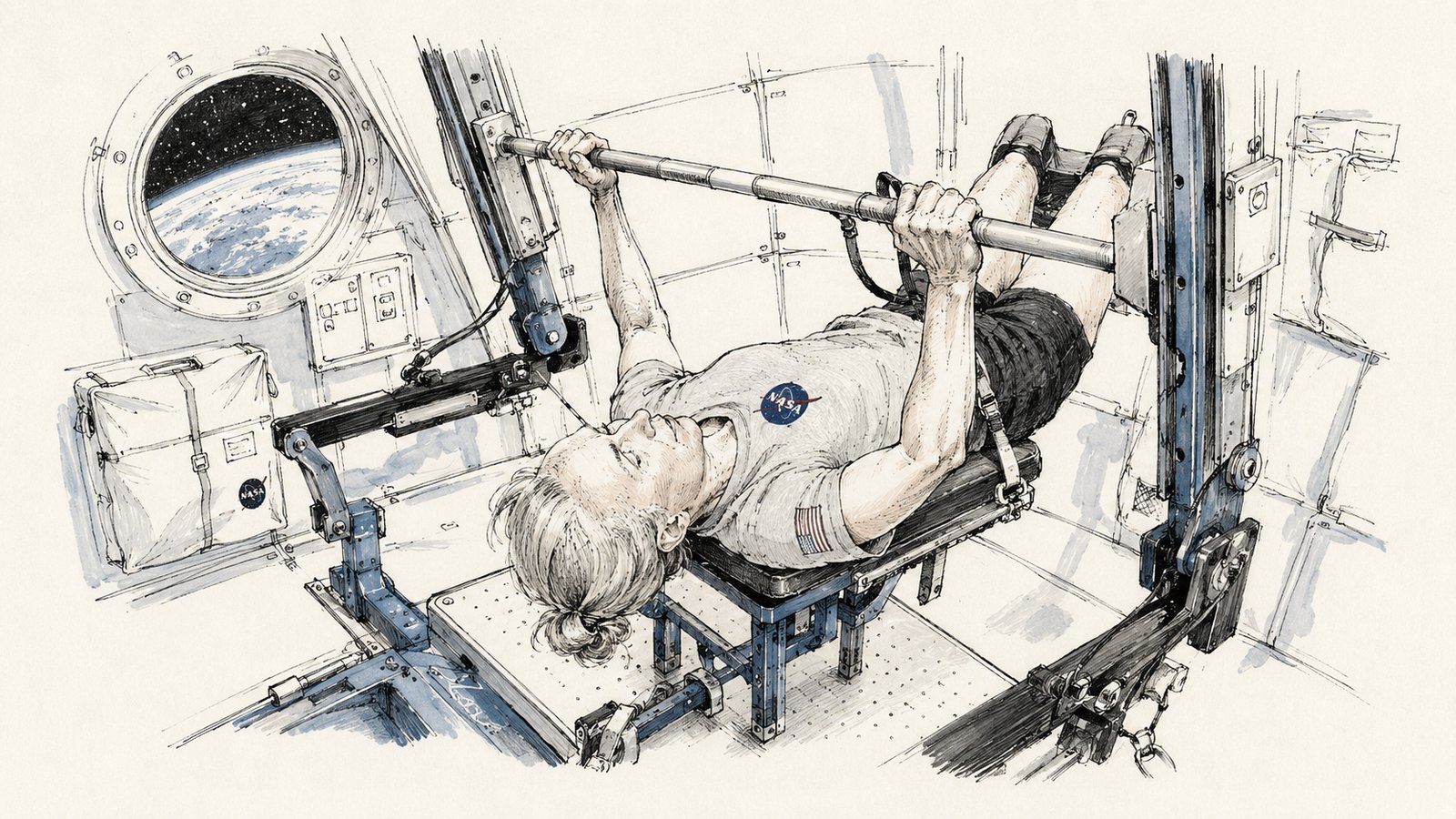 Astronaut using resistance exercise equipment in microgravity