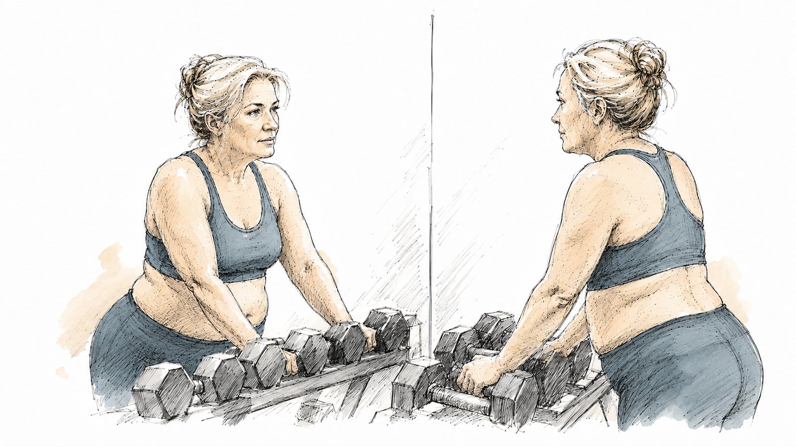 Patient strength training with dumbbells in front of a mirror
