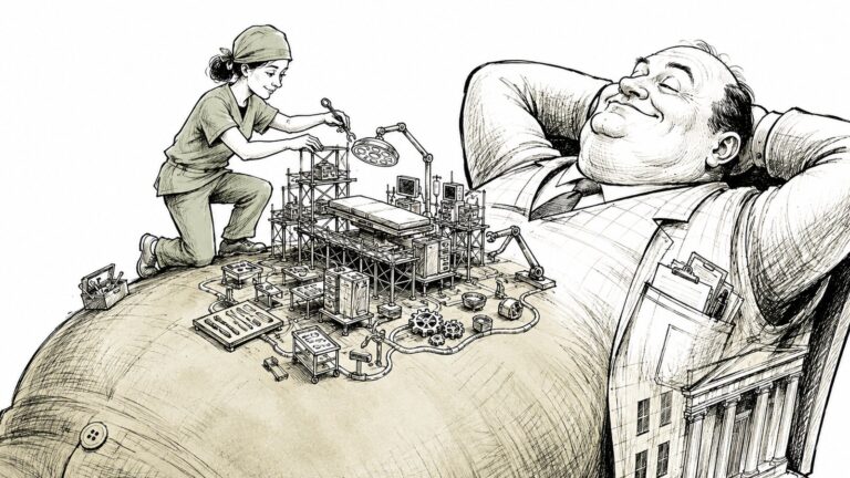A tiny surgeon building a miniature operating room on the belly of a reclining businessman