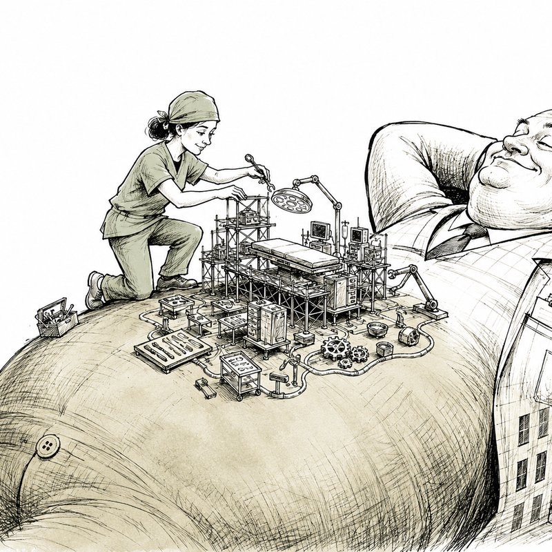 Tiny surgeon building a miniature operating room on a reclining man