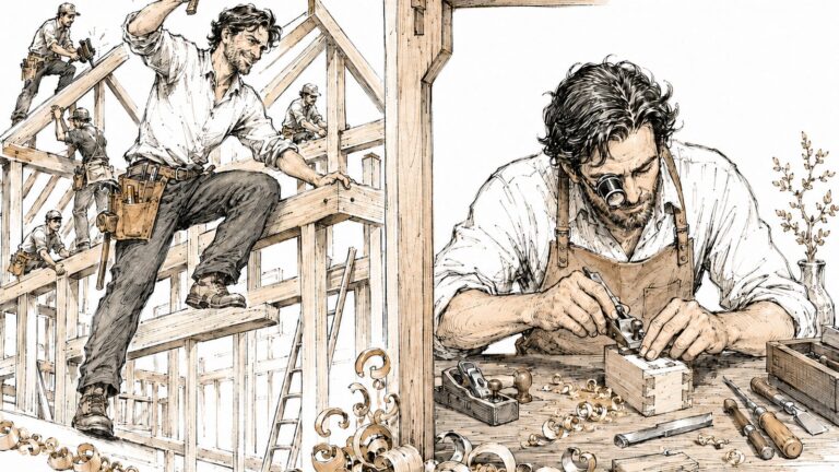 Split scene of a framer hammering house framing and a craftsman doing fine detailed woodwork