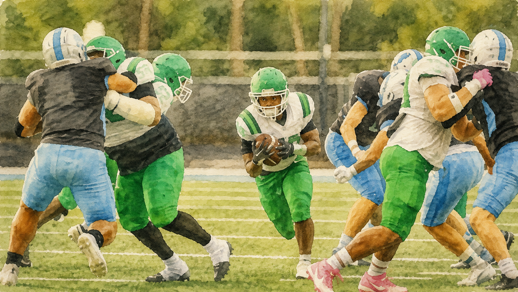 Watercolor illustration of football players running and blocking on a field